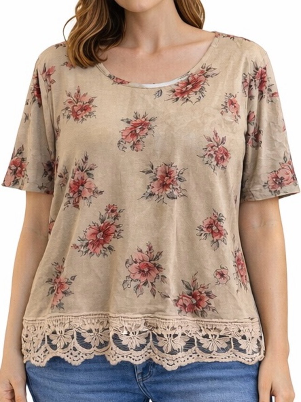 Maurices Women’s Beige Floral Velvet Like Short Sleeve Top - Size XL